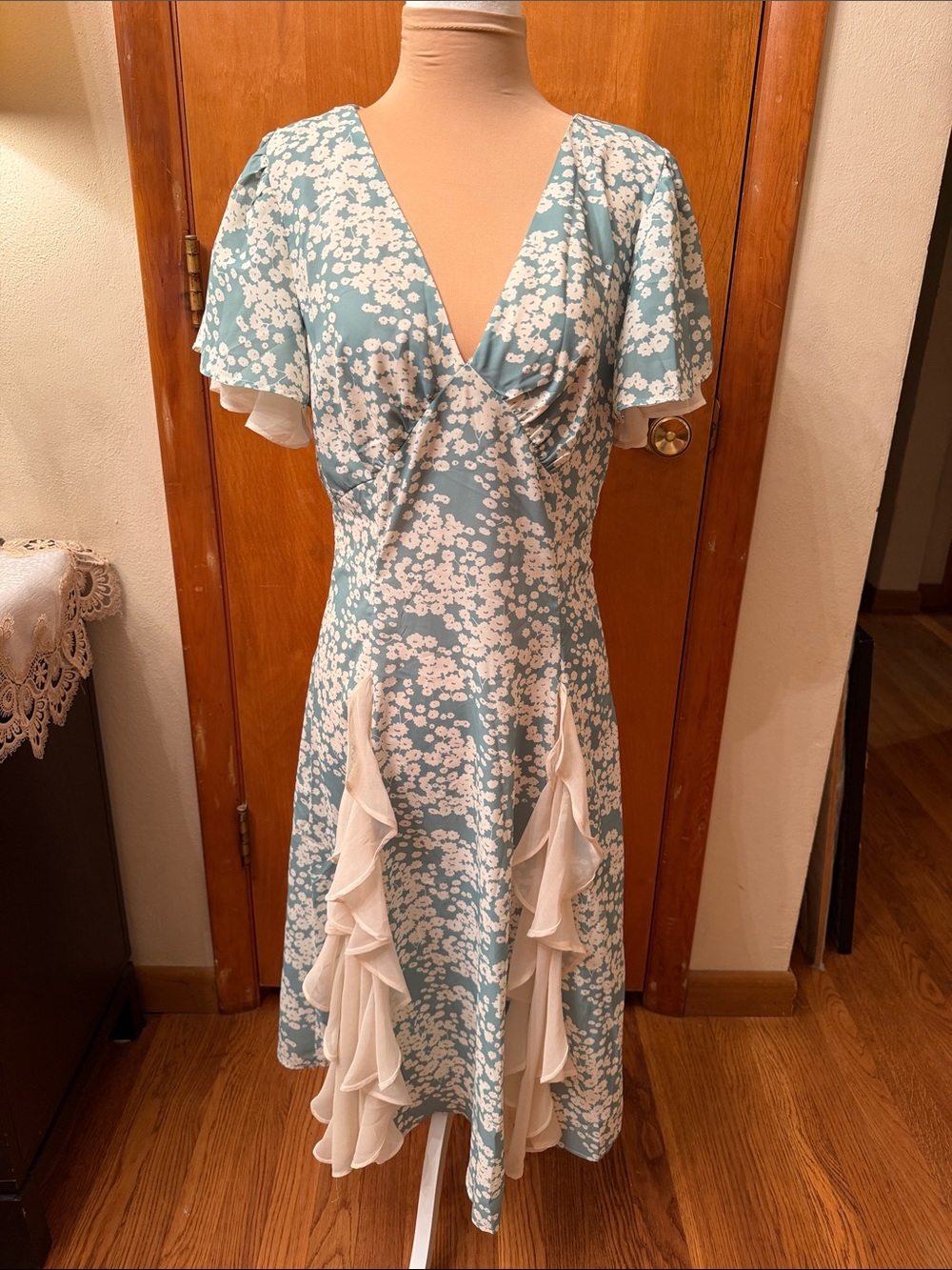Petal Dew Brand Sage Green Floral Mid-Length Dress with Ruffle Accents